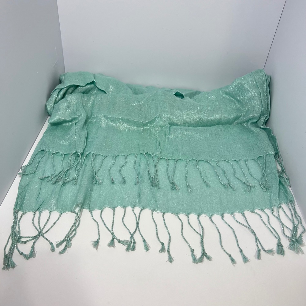 Mint Green Shimmer Wrap Scarf Women Fringed Metallic Evening Shawl 26"x80" Glam